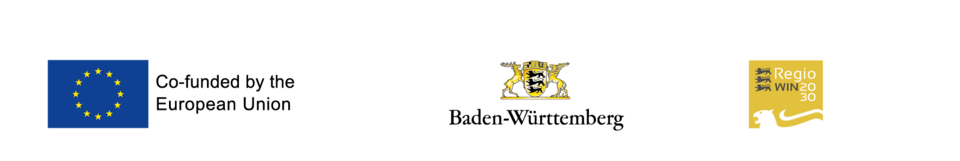 EU flag with lettering Co-financed by the European Union, large Baden-Württemberg coat of arms and lettering, RegioWIN2030 logo