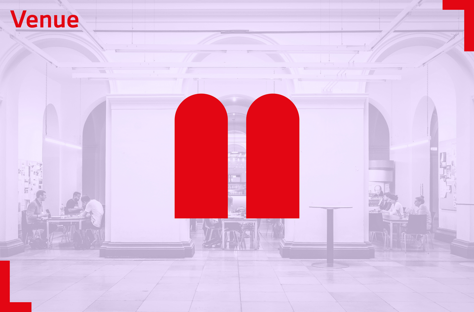 Ansicht Lichthof in Bau 1 mit rotem Venue-Logo darüber